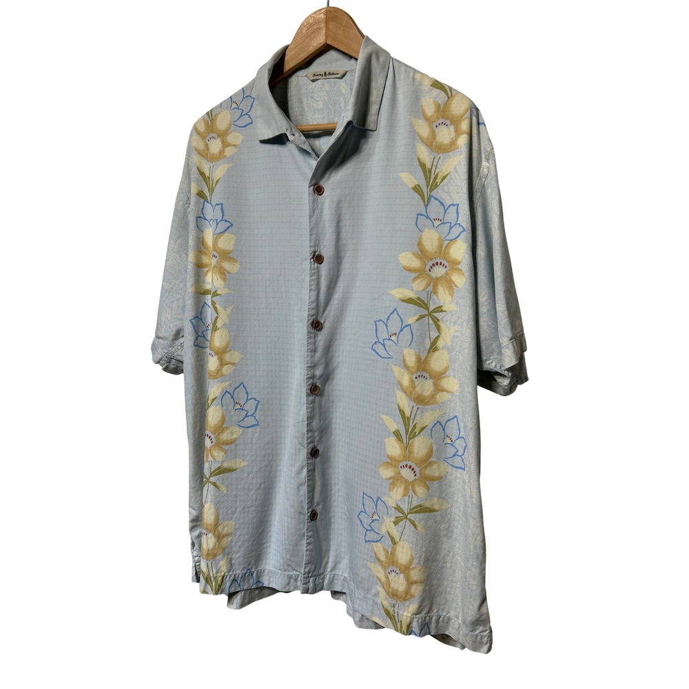 Tommy Bahama Blue Floral Print Short Sleeve Button Up Shirt Paradise Palms Sz XL